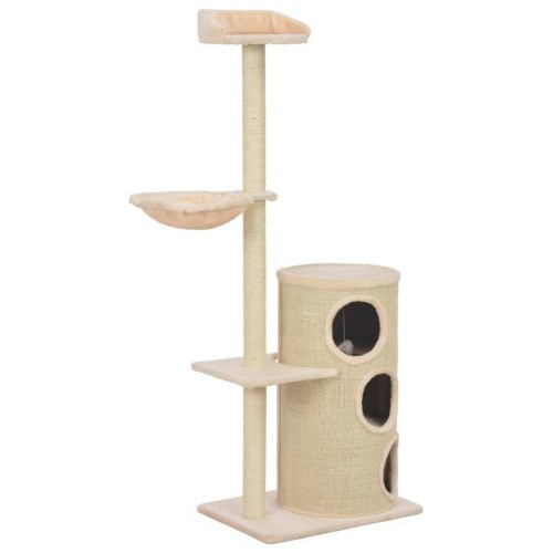 Arranhador bege para gatos com hastes de sisal.