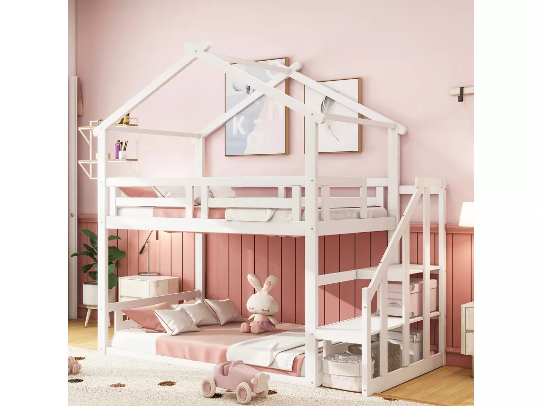 Lit superposé cabane avec rangement - 90 x 200 cm - pin - sommier à lattes seule en dessus - blanc