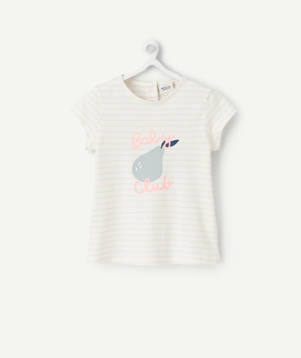 T-SHIRT BÉBÉ FILLE EN COTON BIOLOGIQUE RAYÉ ROSE ET BLANC
