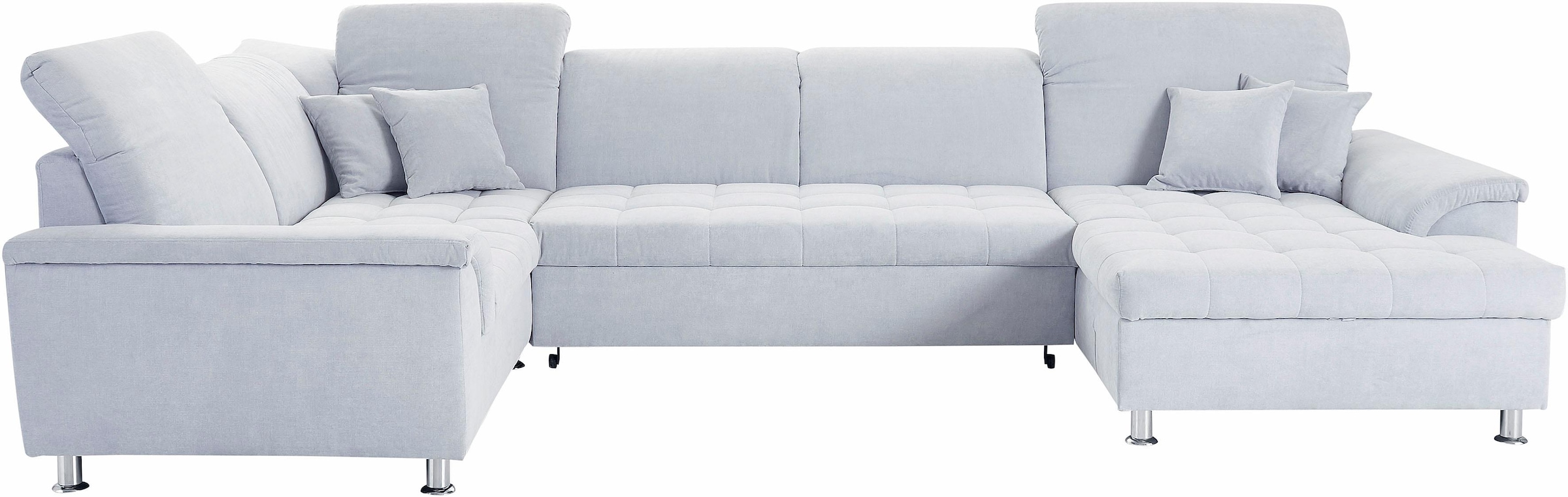DOMO collection Wohnlandschaft »Franzi optional mit Bettfunktion, Bettkasten & Kopfteilverstellung« U-Form, Recamiere rechts, pastelblau, B/T: 344/206 cm