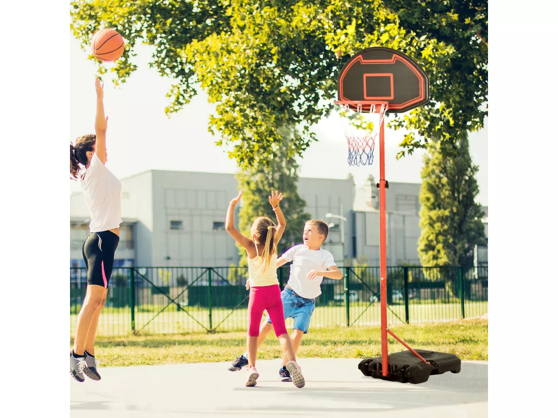 Panier de Basket-Ball sur pied avec poteau panneau, base de lestage sur roulettes hauteur réglable 1,55 - 2,1 m rouge noir