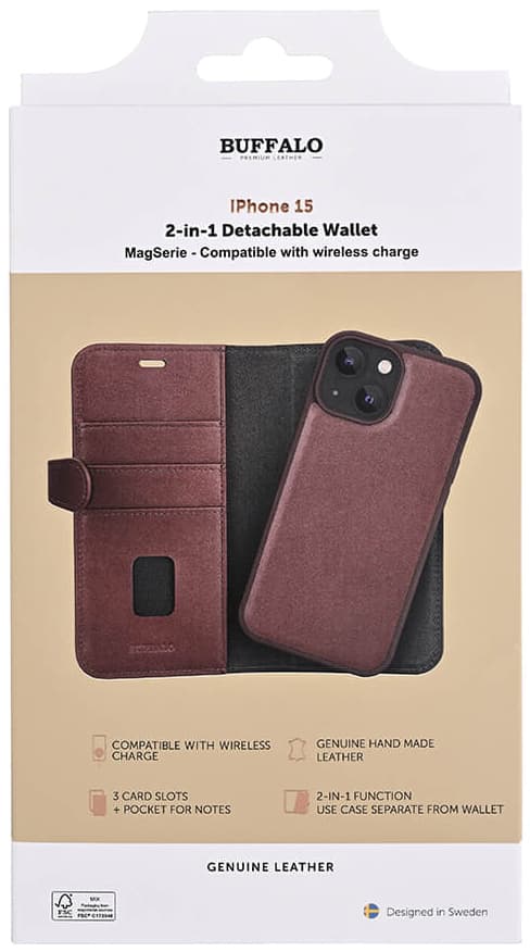 Buffalo iPhone 15 2i1 Leather MagSeries pungetui (brun)
