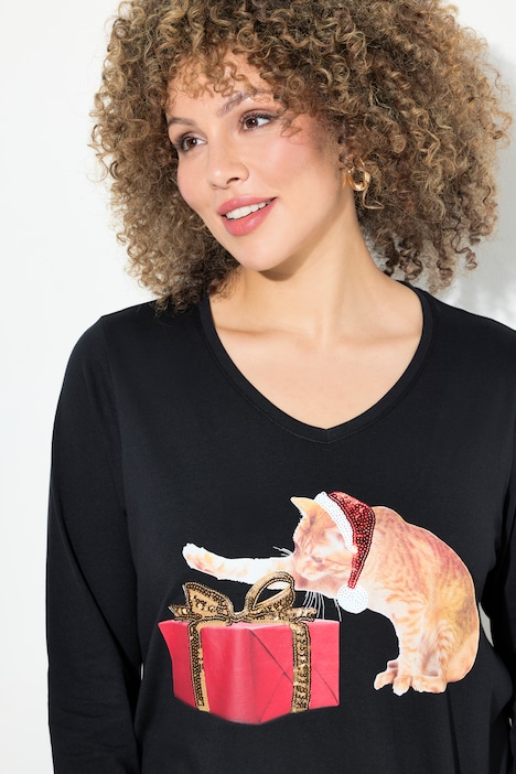 Weihnachtsshirt, Katze, A-Linie, V-Ausschnitt, Langarm