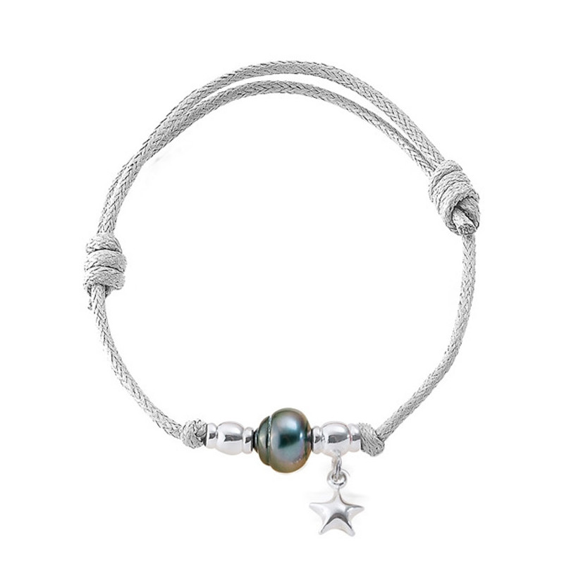 Bracelet Ajustable Femme Perle de Tahiti, Etoile en Argent Massif 925/1000 et Coton Ciré Blanc