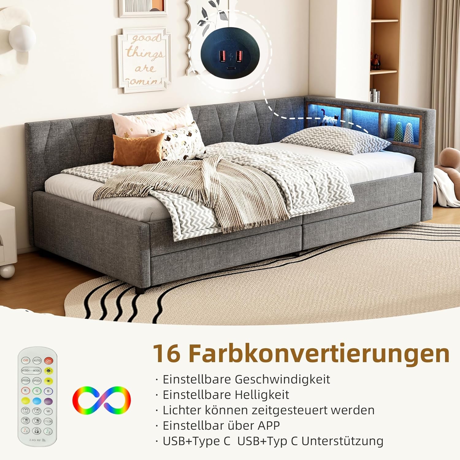 okwish Polsterbett Schlafsofa 90x200 cm Einzelbett, Daybett Funktionsbett mit LED & USB+TypC, Tagesbett Stauraumbett mit Schubladen, Gepolstertes Bettgestell mit Lattenrost, Leinen Grau, ohne Matratze