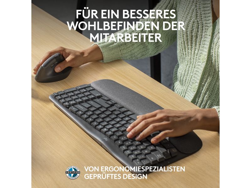 Logitech Tastatur Wave Keys for Business Ergonomische Tastatur mit geschwungenem Design und gepolsterter Handballenauflage für Komfort den ganzen Tag