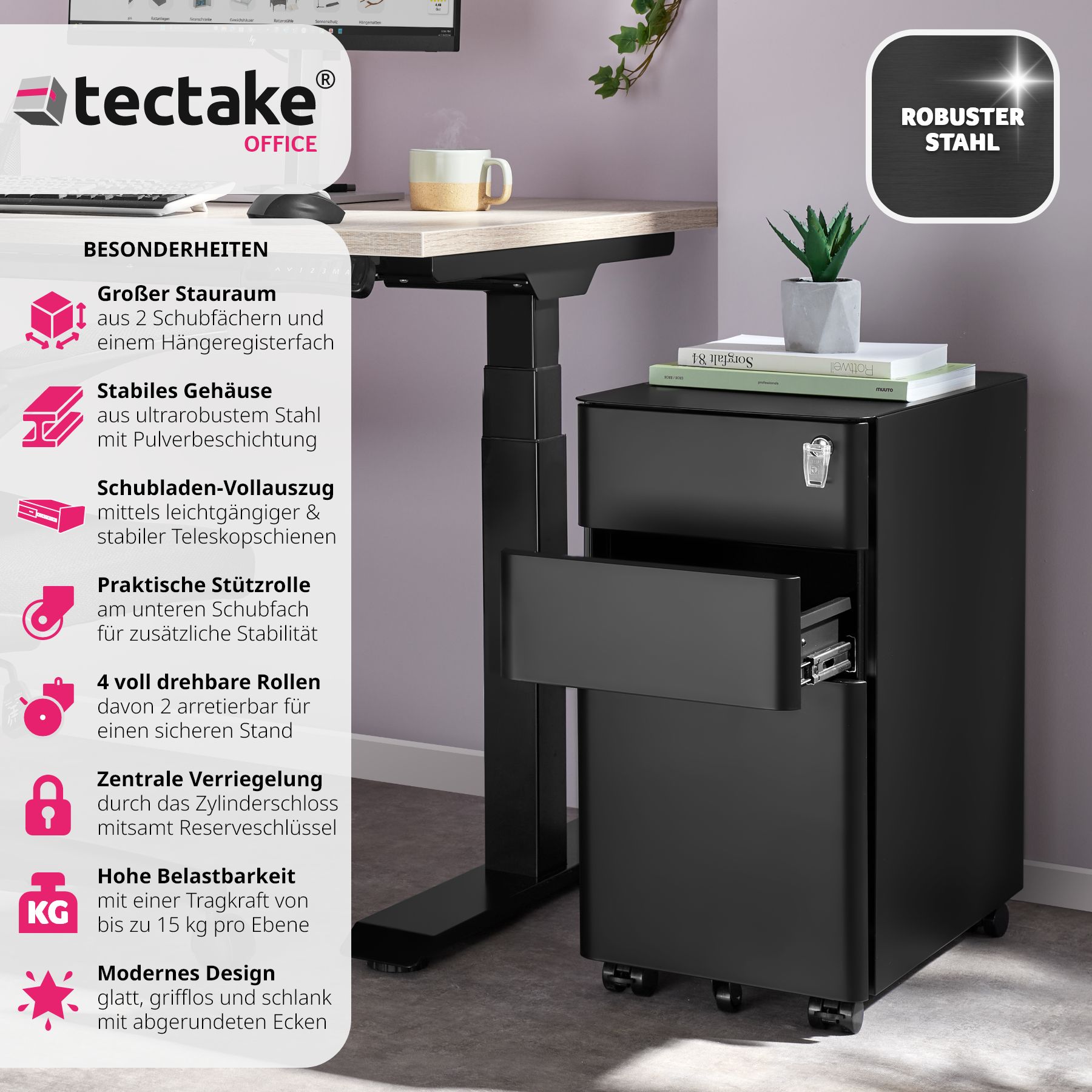 tectake® Aktenrollschrank, aus pulverbeschichtetem Stahl, herausnehmbarer Einsatz für Schreibutensilien, 30 x 50 x 59,5 cm