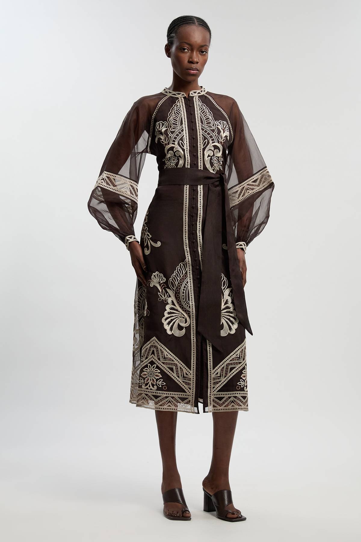 KarenMillen Robe Longue Tissée à Manches Bouffantes en Organdi Brodé