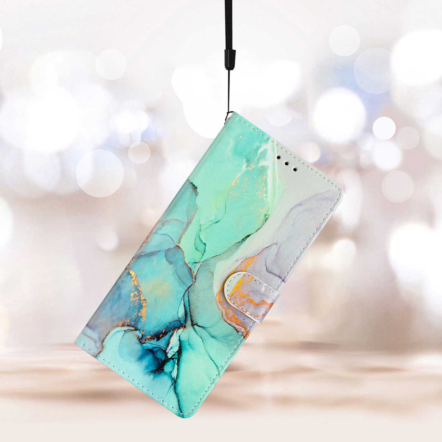 Samsung Galaxy S24 FE Leder Tasche mit Kartenfach   Handschlaufe - Marble Marmor (Grün / Blau)