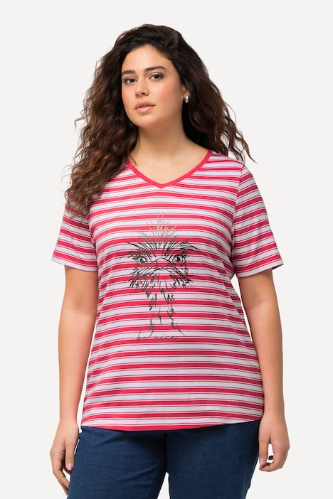 T-Shirt, Ringel, Metallic-Tiermotiv, V-Ausschnitt, Halbarm