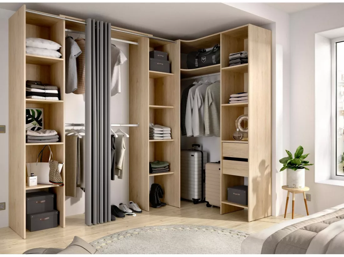 Grande Garde-robe Dmacintyr, Meubles de chambre, Penderie de plain-pied, Placard à vêtements, 234x141 h205 cm, Chêne clair