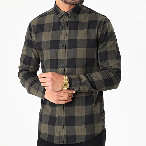Chemise Manches Longues Gingham Carreaux Vert Kaki