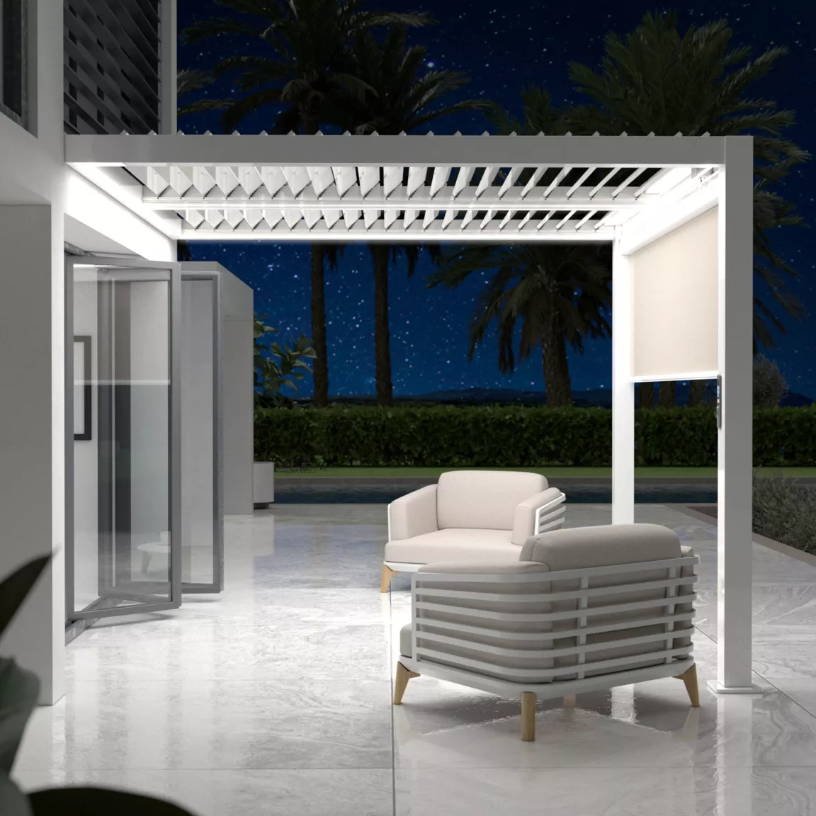 Pergola bioclimatique Adossée motorisée aluminium et LED (3 x 3 m) Blanc