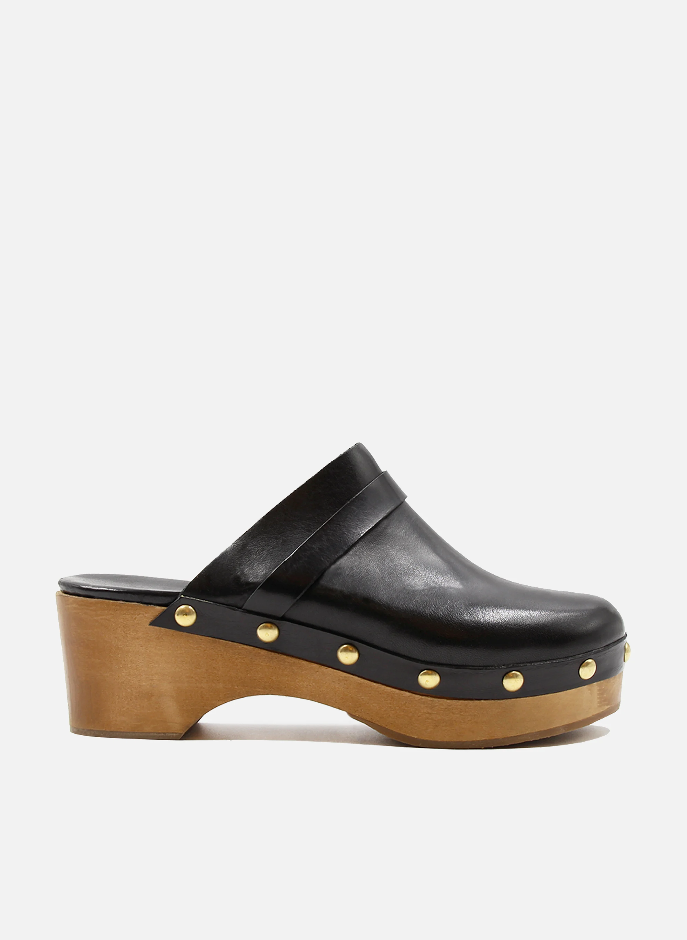 Sabots bois clous cuir tannage végétal | Noir