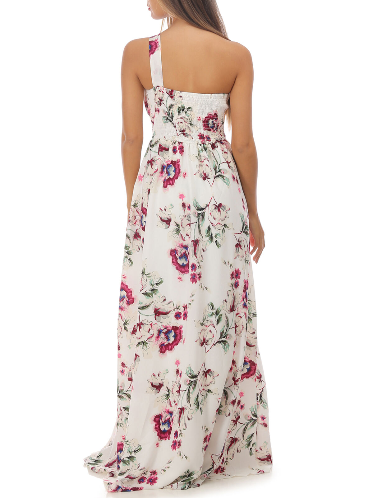 Robe longue asymétrique fleurie- Blanc