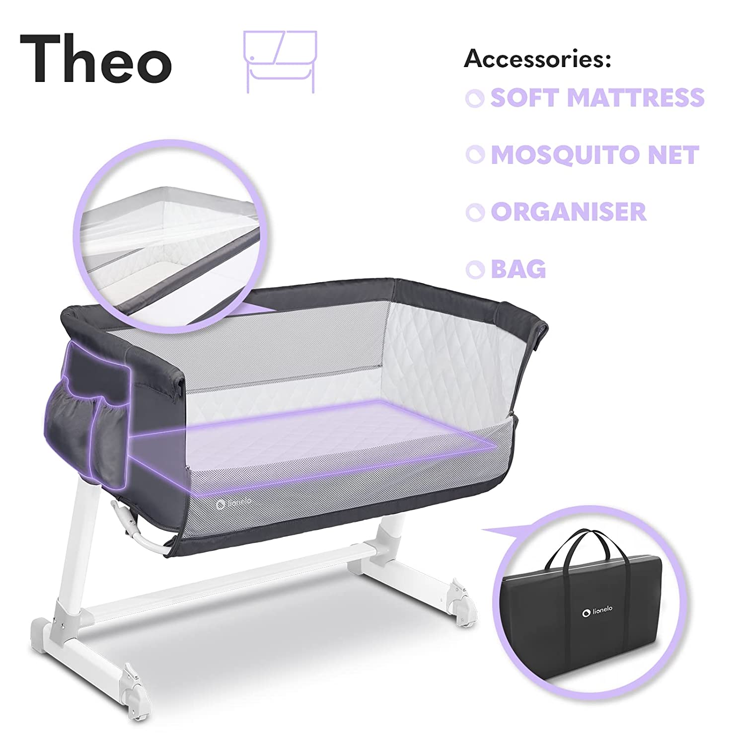 Lionelo Theo dark grey Baby Beistellbett Kinderbett dunkelgrau