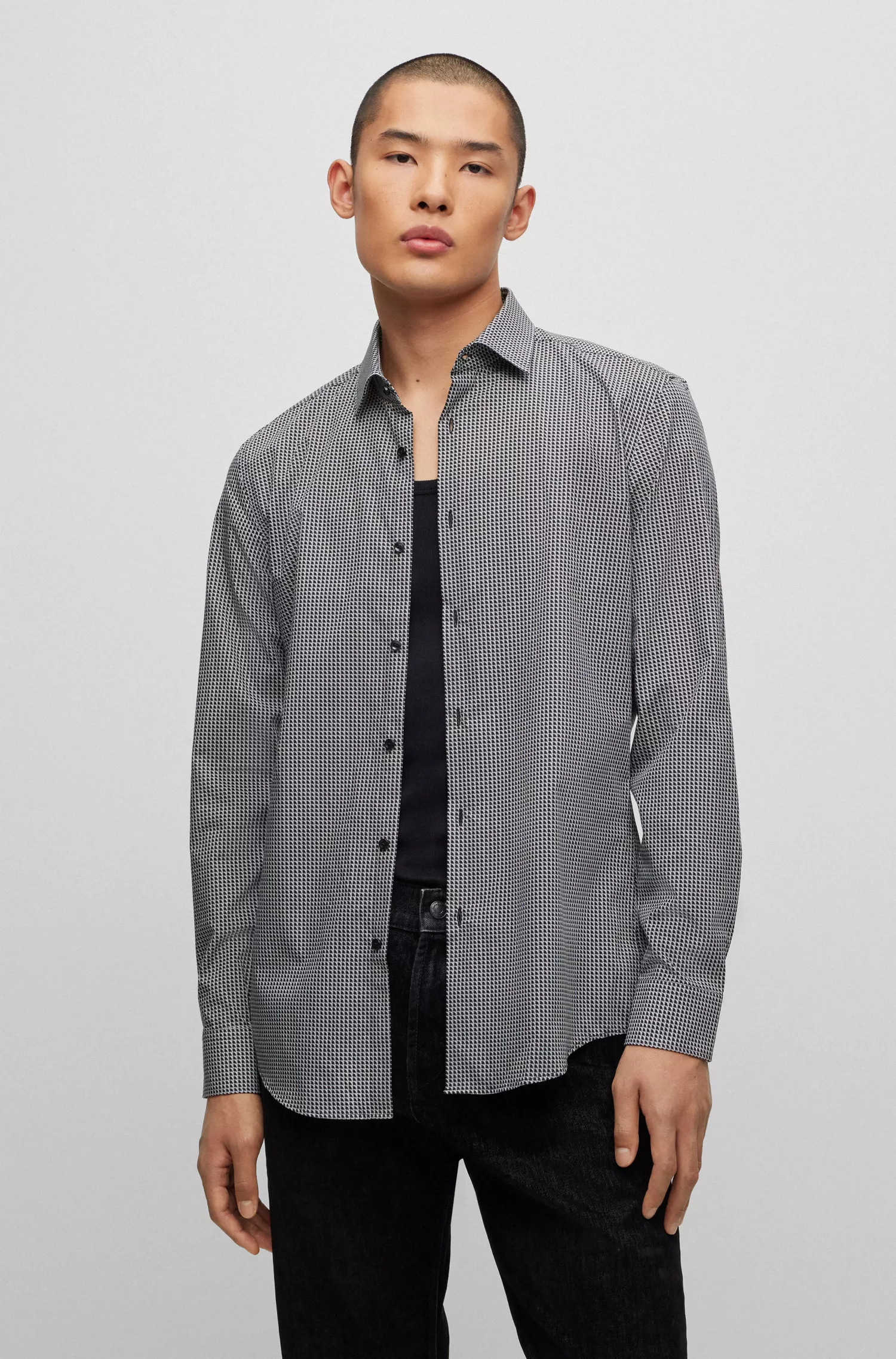 Camisa HUGO vermelha, corte slim, em lona de algodão estampada.