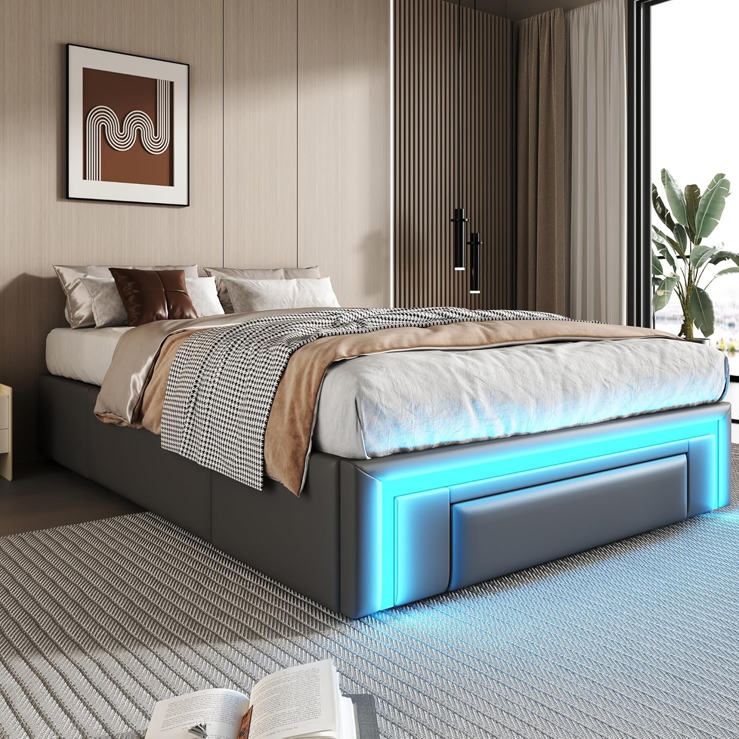 okwish Polsterbett 90x200 cm Einzelbett, Jugendbett Funktionsbett mit 2 Schubladen & LED-Lichtleiste, Gepolstertes Metallbett Bettgestell mit Lattenrost aus Metalllatten, PU-Leder Grau, Ohne Matratze