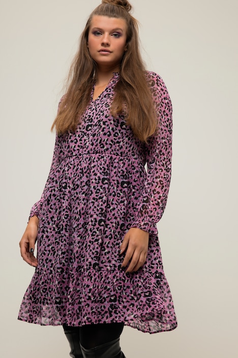 Minikleid, A-Line, Leoprint, Rüschenkragen, Langarm