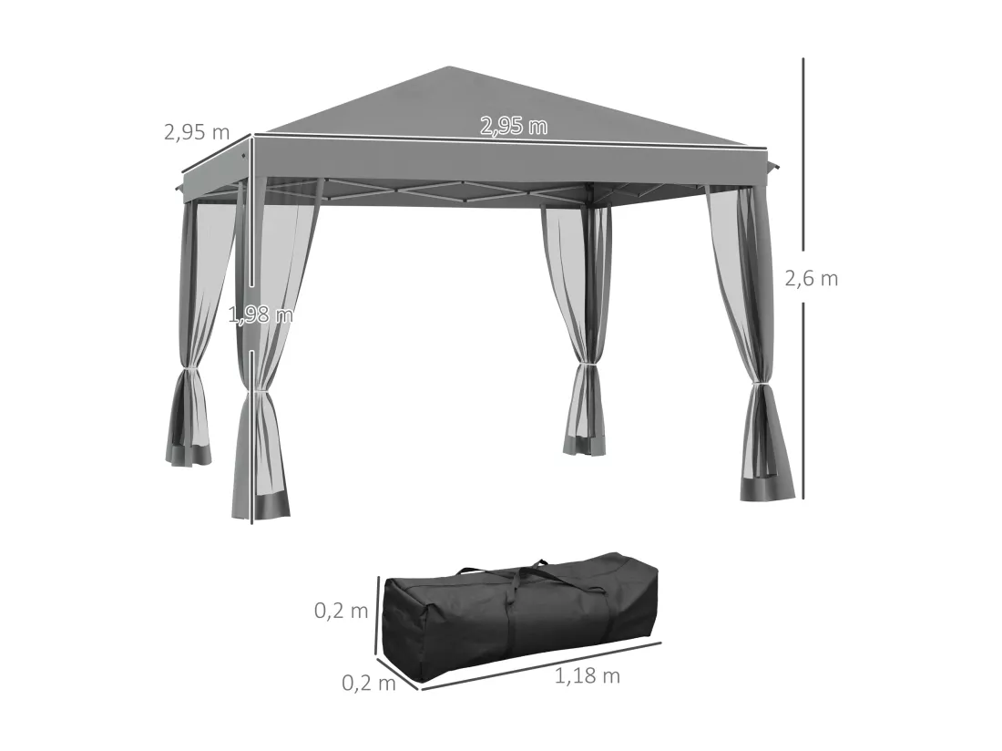 Tonnelle barnum pliant style colonial 2,95L x 2,95l x 2,6H m 4 moustiquaires + sac de transport gris