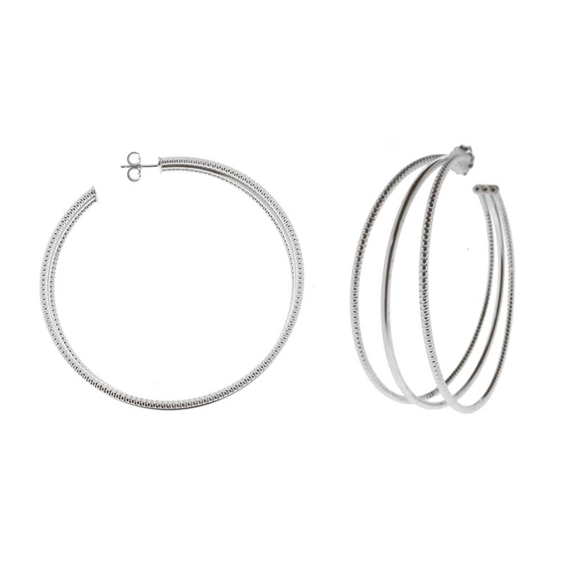 Boucles D'oreilles Créoles Trois Anneaux Argent Rhodié Diamantée Et Lisse Diamètre 65mm