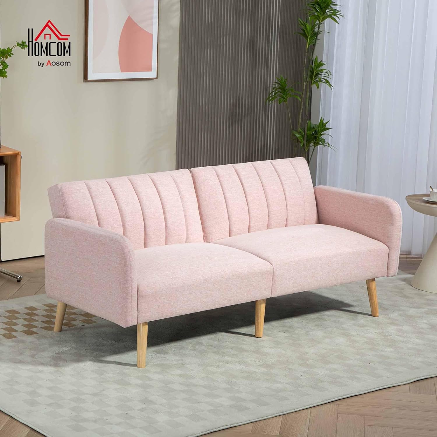 HOMCOM 2-Sitzer-Convertible-Sofa Skandinavisches Design Rückenlehne verstellbar 3 Positionen Füße Holz Stoff Leinenoptik Rosa
