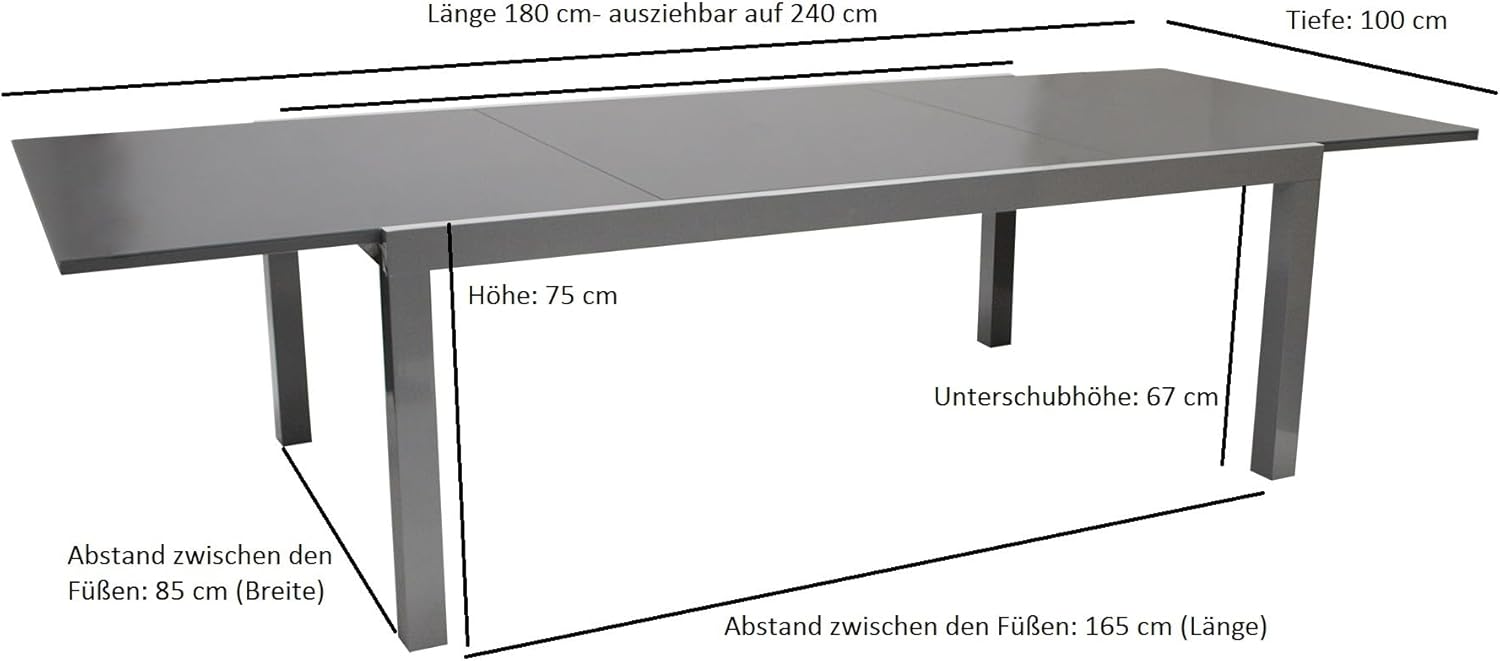 DEGAMO Ausziehtisch Marina XL, 180/240x100cm, Aluminium Silbergrau + Glas dunkelgrau