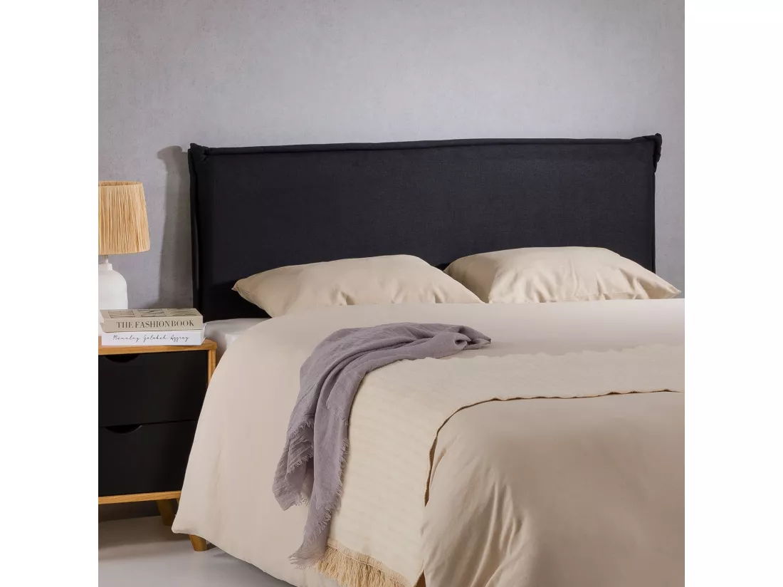 Tête de lit ISANDRE 140 rembourrée, En tissu polyester pour lit 140 cm, Sur pieds en bois, Noir
