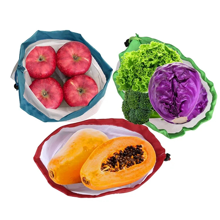 (12er Set) Wiederverwendbare Stoff Netztaschen Gemüse / Obst Beutel mit Kordelzug - Assortiert