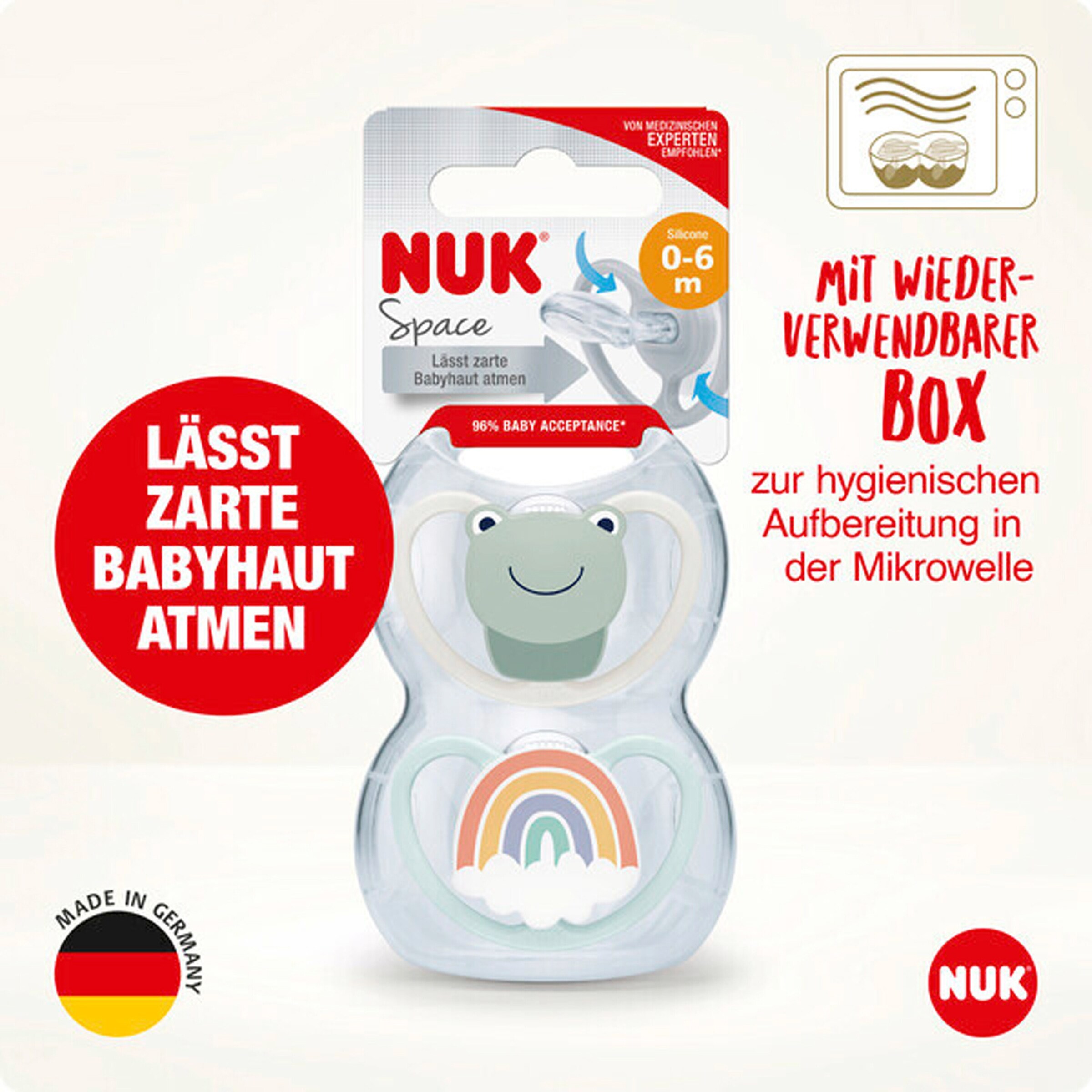 NUK 2er-Pack Schnuller Space Silikon 0-6M Frosch / Regenbogen