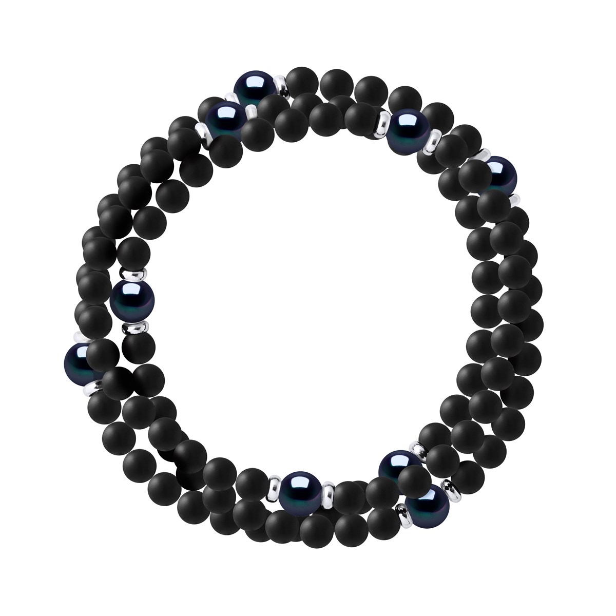 Bracelet Triple Rang SHAMAN, Véritable Perle de Culture Colori Black Tahiti, Agate Noire Matte , Argent 925