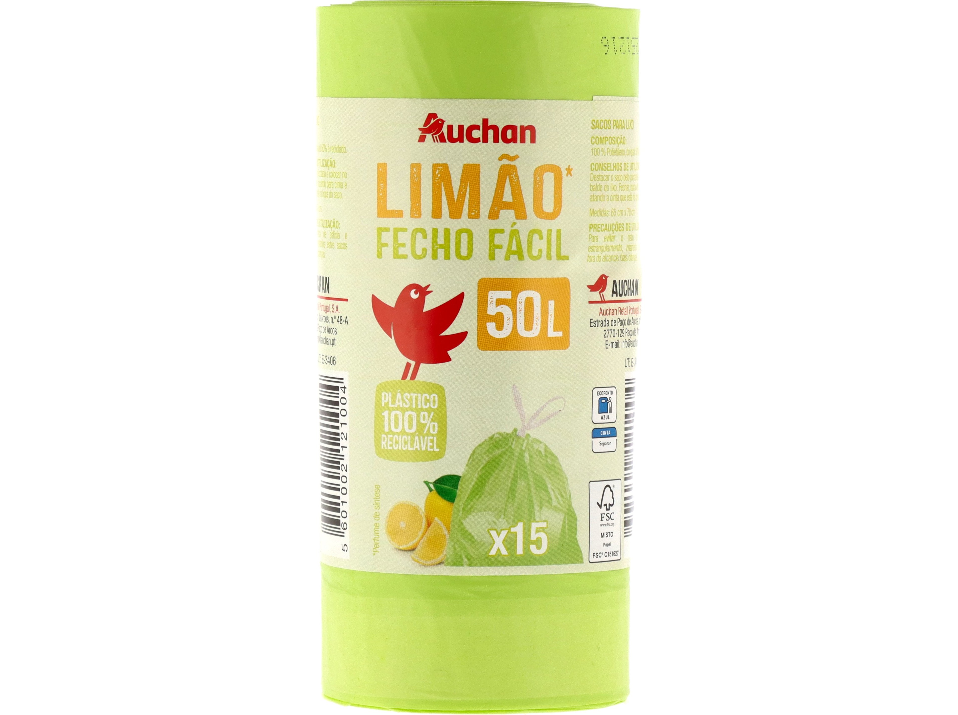 SACO LIXO AUCHAN LIMÃO FECHO FÁCIL 50L 15UN