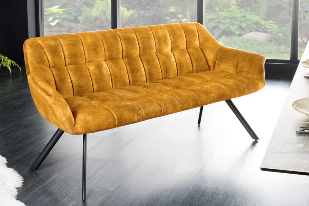 Esszimmer Sitzbank PAPILLON 165cm senfgelb Samt mit Lehnen schwarzes Metallgestell