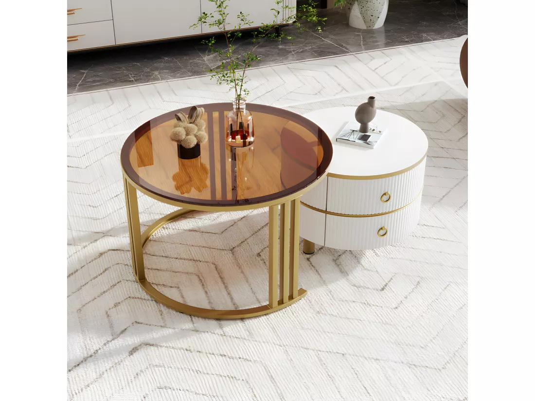 Lot de 2 tables basses gigognes avec 2 tiroirs - plateau en verre trempé Marron - Blanc