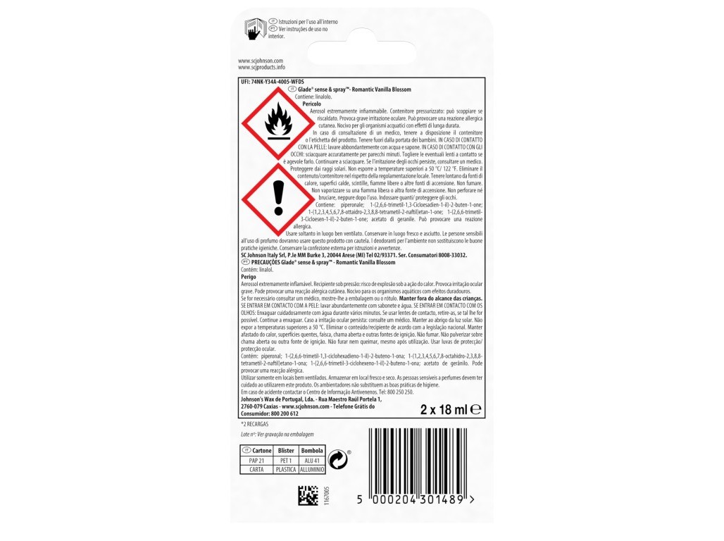 AMBIENTADOR GLADE SENSE & SPRAY RECARGA BAUNILHA PACK 2UN