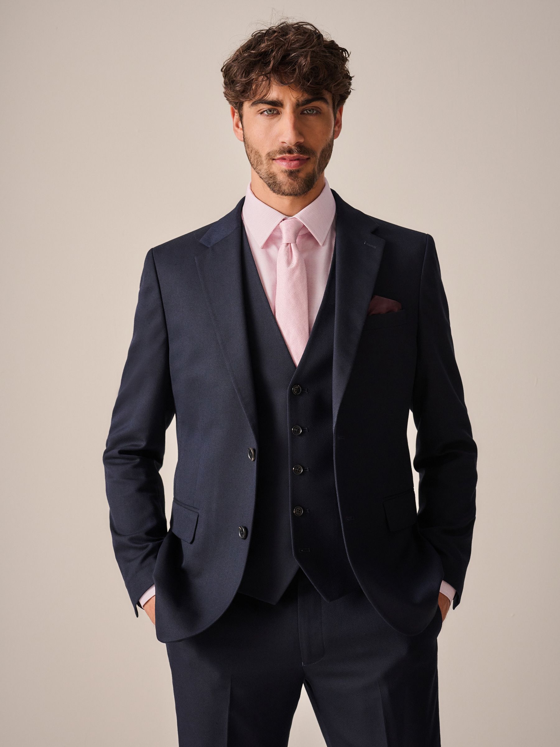 Donkerblauw - Slim Fit - Kostuum met textuur: colbert