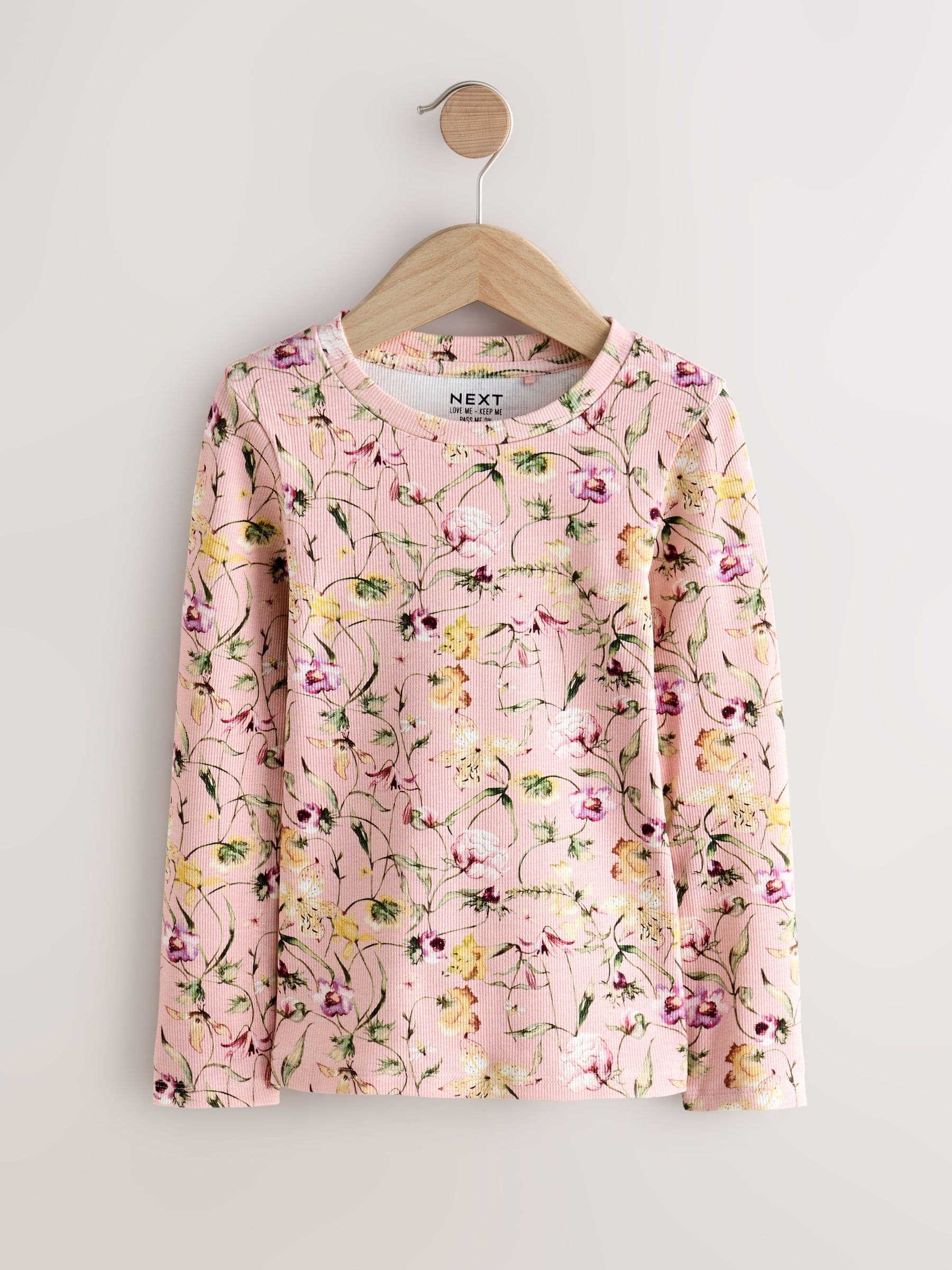 Roze met bloemenprint - Set van 4 geribbelde T-shirts met lange mouwen (3-16jr)