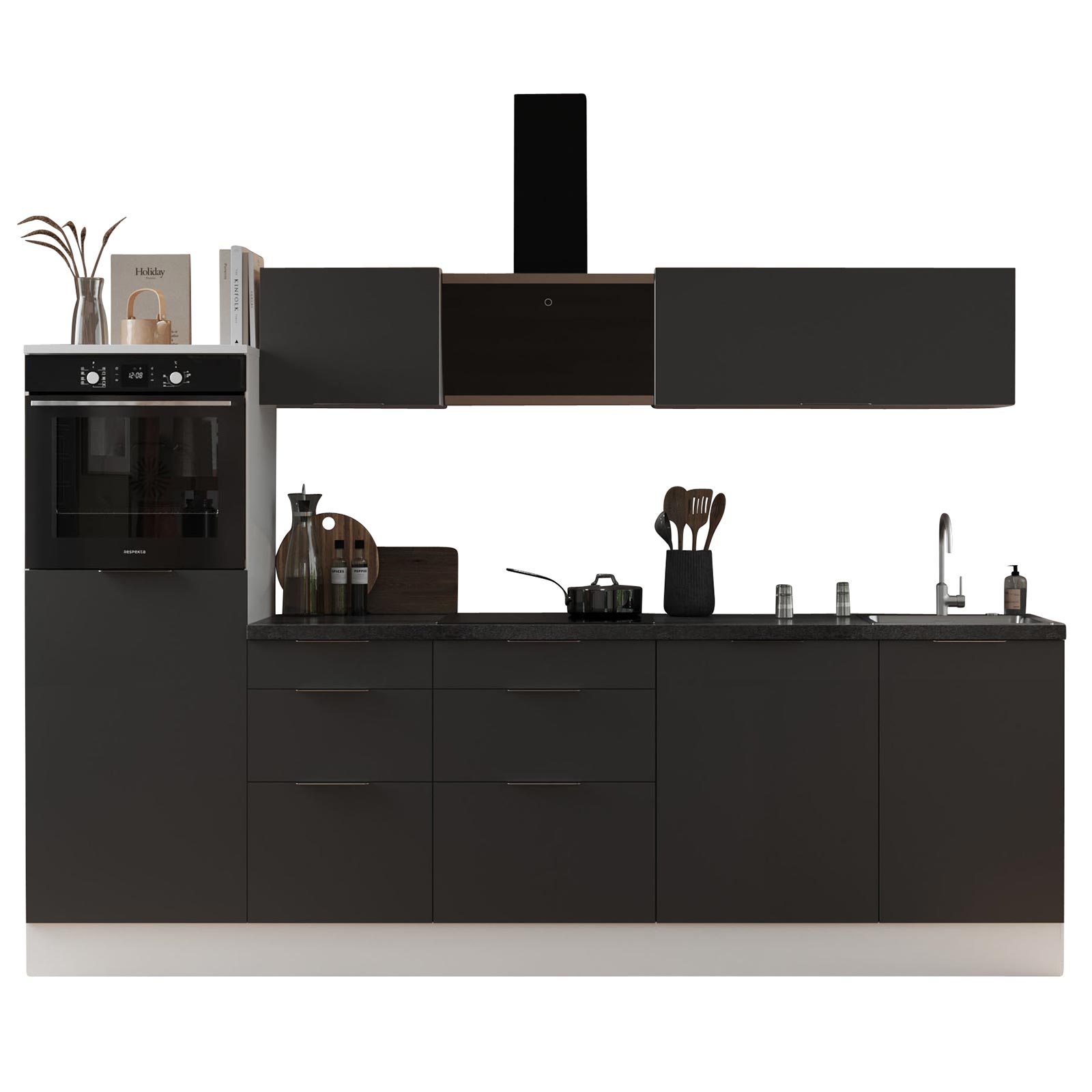 RESPEKTA Küchenblock - grau matt - weiß matt - mit E-Geräten - 280 cm