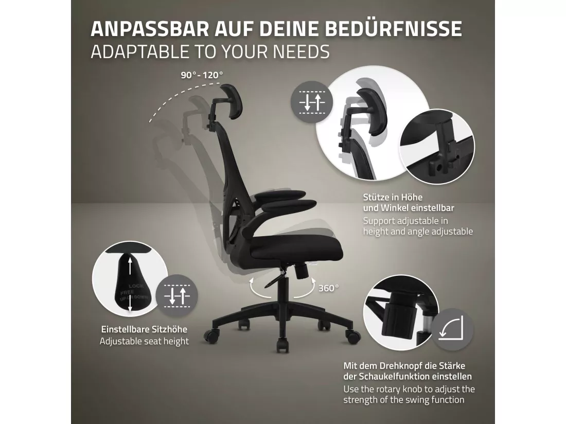 Chaise de bureau gaming ergonomique noir pivotant en maille appui-tête réglable