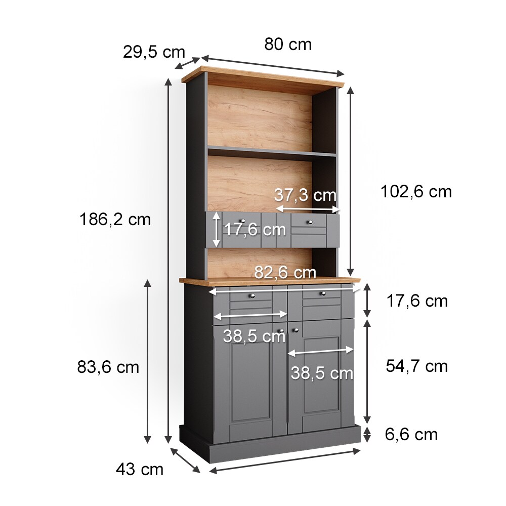 Vicco Küchenvitrine Kommode Küchenregal Bergamo Grau Eiche Küchen Schrank 83x84 cm Vintage Ablage Schublade Schranktür Anrichte Küchenmöbel