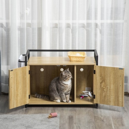Casa de madeira PawHut e caixa de areia natural para gatos