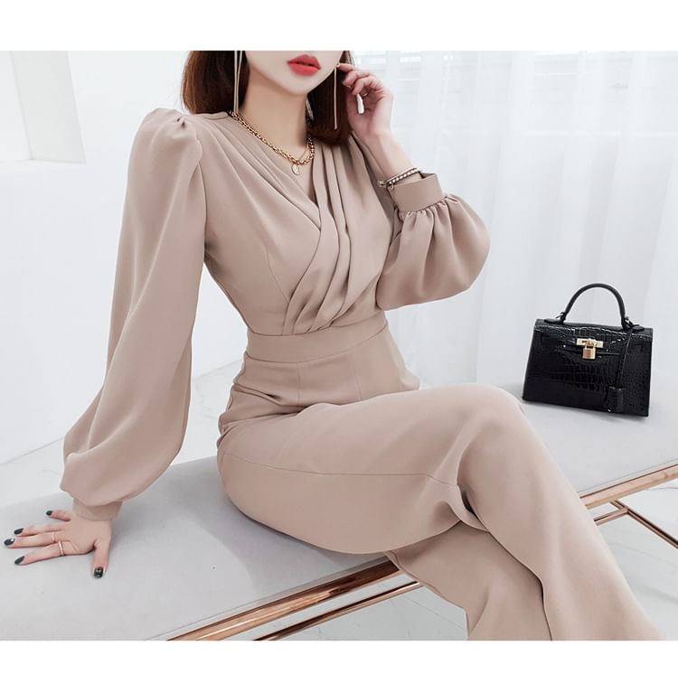 Cassidy - Lange mouwen V-hals effen jumpsuit