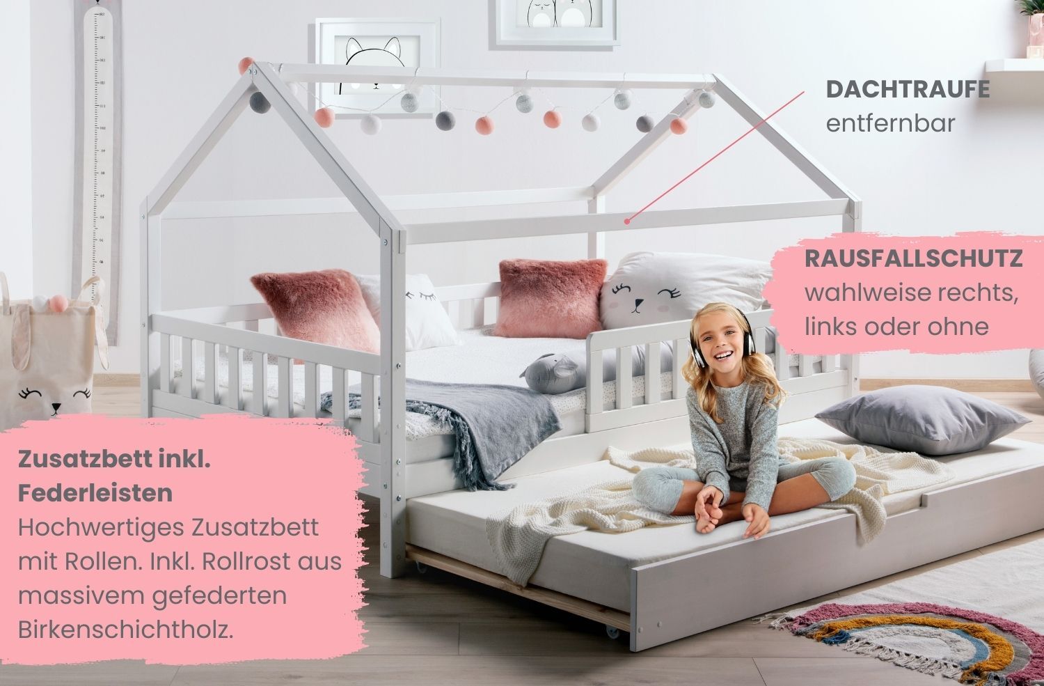 TiCAA TiCAA Kinderbett Hausbett mit Tüll Kim 90x200 cm, 100x200 cm, 120x200 cm, 140x200 für Jungen & Mädchen, inkl. Rolllattenrost, Zusatzbett und Rausfallschutz variabel, MontessoriBett weiß aus Kiefer Massivholz
