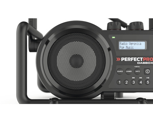 PerfectPro DABBOX bouwplaatsradio, DAB+ en FM-ontvangst, ingebouwde acculader voor universele accu, Bluetooth, oplaadbaar, AUX-ingang, schokbestendig, IP54, DBX3