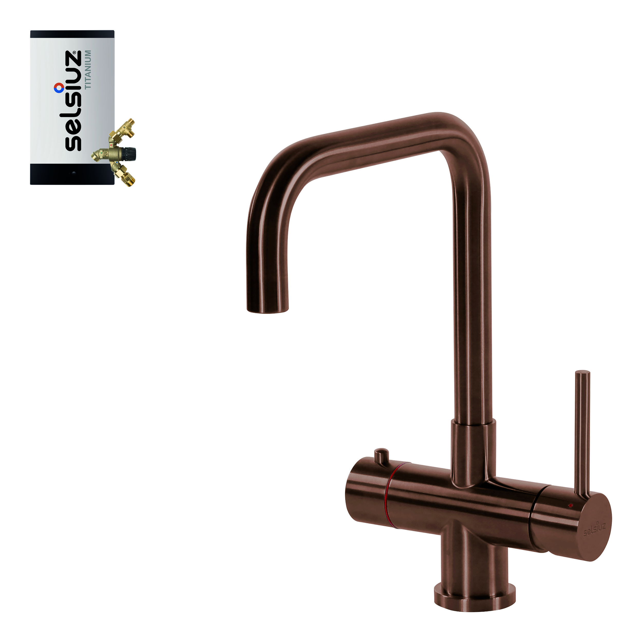 Selsiuz Inox kokend water kraan met titanium combi extra boiler en U-uitloopkraan copper