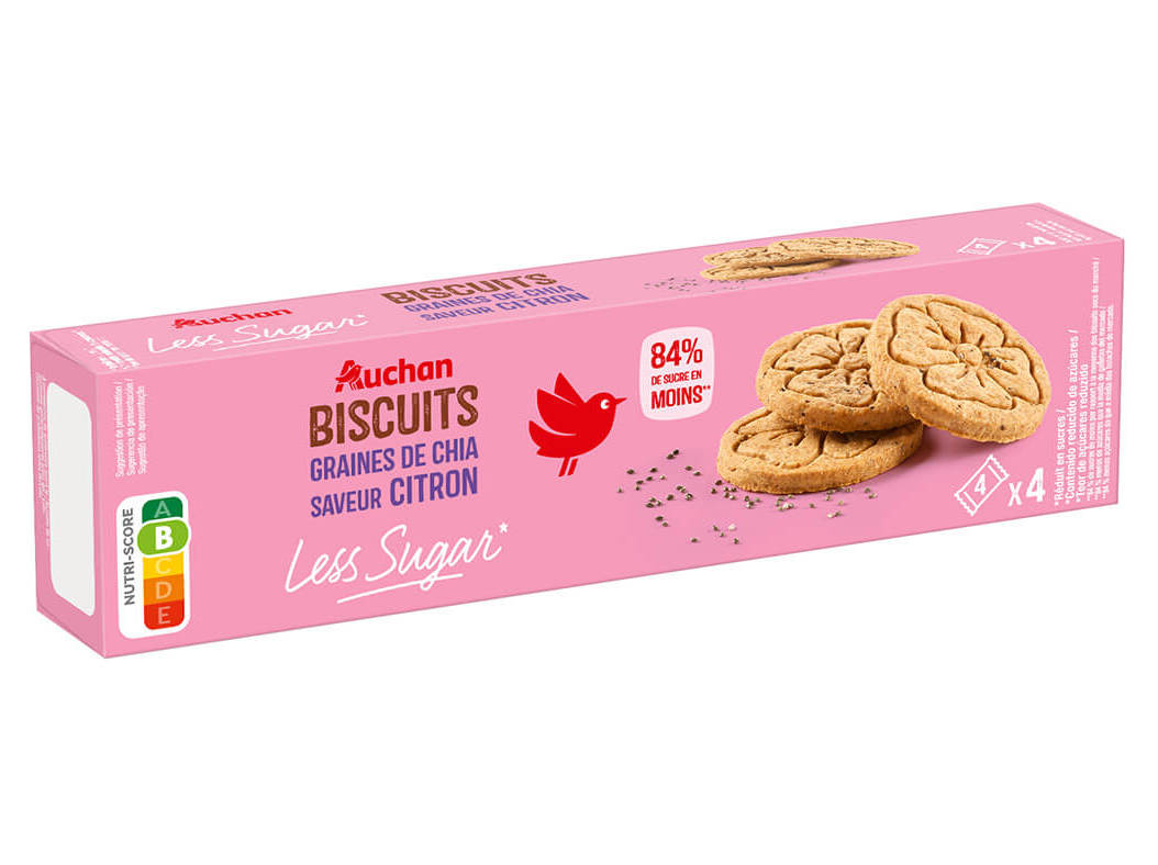 BOLACHAS LESS SUGAR AUCHAN SEMENTES DE CHIA LIMÃO 130 G