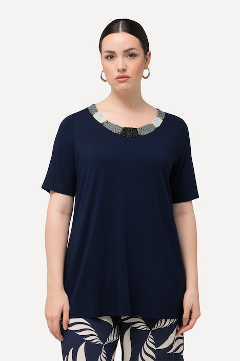 T-Shirt, Perlenstickerei, A-Linie, Rundhals, Halbarm