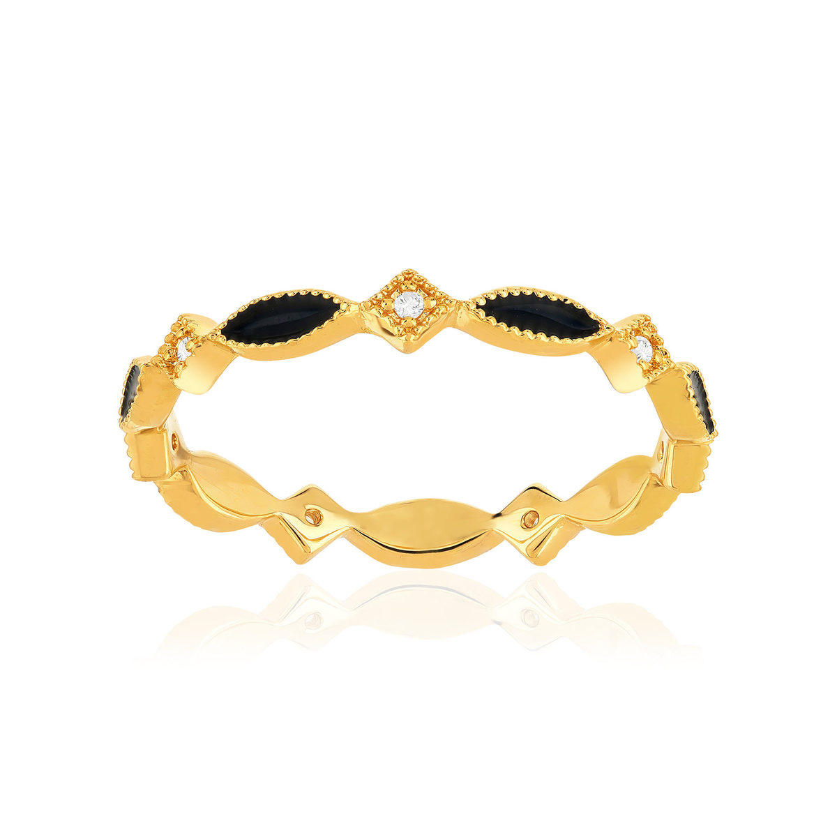Bague plaqué or jaune perlée, résine noire et zirconias, motif losange et marquise