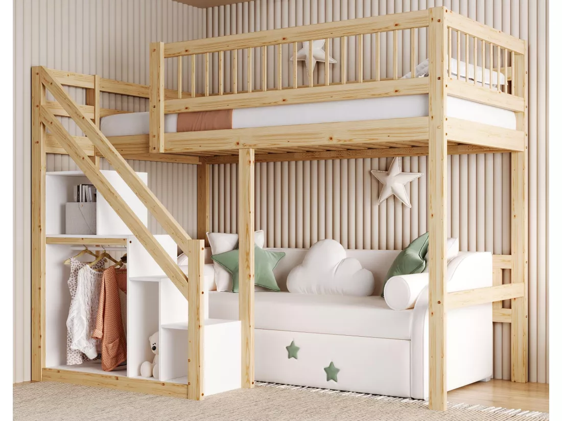 Lit superposé en bois 90x200cm - avec escalier de rangement - Naturel