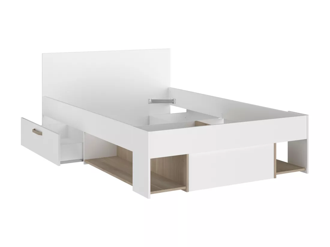 Lit 120 x 190/200 cm avec rangements - Blanc et naturel - KINSELIA
